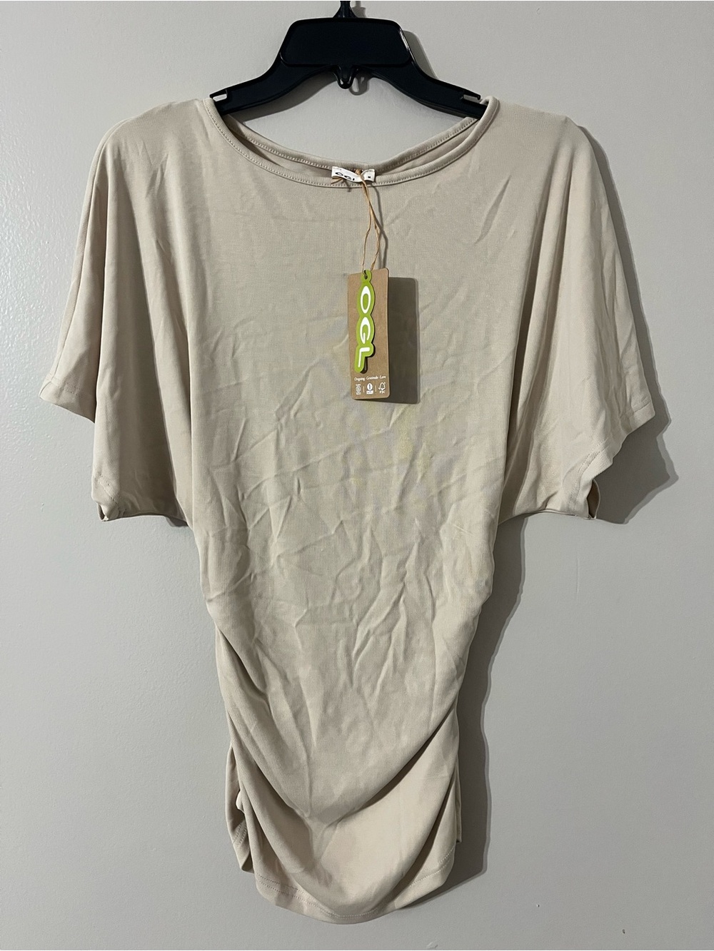 NWT OGL Cream Short Sleeve Gathered-Waist Tee Sz M